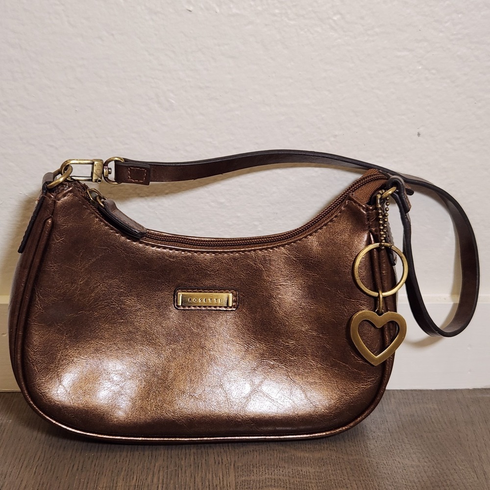 Rosetti Vintage Brown Metallic Shoulder Bag Mini Hobo Purse Heart Charm Y2K